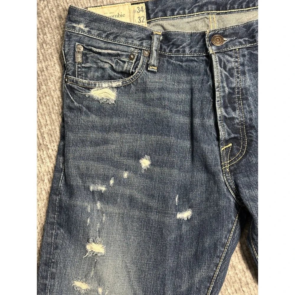Abercrombie & Fitch Baxter Mens 34x32 Distressed Slim Bootcut Jeans Dark Wash
